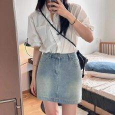 批发浅色复古高腰牛仔短裙女夏季新款胖mm遮肚显瘦梨形身材a字半身裙