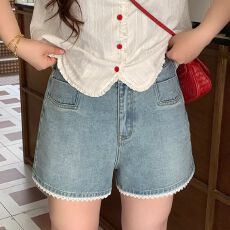 批发蓝色蕾丝花边高腰牛仔<b class='q'>短裤</b>女夏季新款<b class='q'>大码</b>休闲宽松显瘦阔腿a字裤