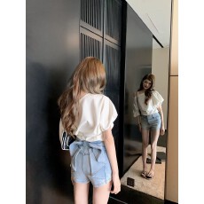 批发蝴蝶结牛仔短裤女夏季2026新款<b class='q'>高腰</b>显瘦辣妹性感百搭包臀热裤子潮