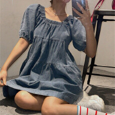 批发减龄泡泡袖复古宽松休闲短袖娃娃牛仔连衣裙