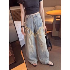 批发2026女蓝色显瘦直筒裤大码<b class='q'>夏</b>季新款法式设计感高腰宽松阔腿牛仔裤