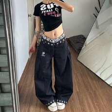 批发2026女蓝色显瘦直筒裤大码<b class='q'>夏</b>季新款法式设计感高腰宽松阔腿牛仔裤
