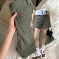 批发美式复古咖色高腰阔腿工装牛仔短裤女<b class='q'>夏</b>季新款显瘦甜酷辣妹热裤