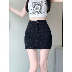 法式复古圆点牛仔半身裙女夏大码设计感高腰包臀中裙a字裙