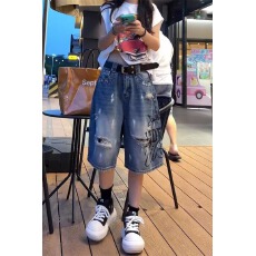 批发美式复古破洞水洗牛仔<b class='q'>七分裤</b><b class='q'>男</b>女高街宽松休闲<b class='q'>短裤</b>百搭直筒阔腿裤