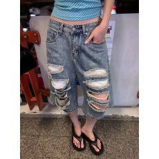 批发美式街头双腰头泥黄脏染破洞牛仔七分<b class='q'>裤</b>男女设计感宽松短<b class='q'>裤</b>潮