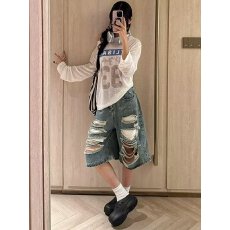批发美式街头双腰头泥黄脏染破洞牛仔七分<b class='q'>裤</b>男女设计感宽松短<b class='q'>裤</b>潮