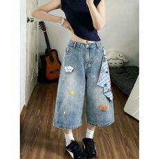 批发美式复古水洗刺绣牛仔裤男女同款宽松百搭休闲阔腿七分潮牌情侣款