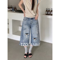 批发破洞阔腿七分牛仔裤女夏季薄款宽松垂感高腰显瘦直筒中裤子