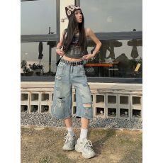 批发美式复古破洞七分牛仔裤女夏季薄款2026新款高腰宽松直筒阔腿休闲
