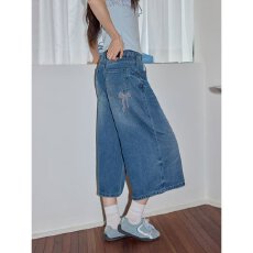 批发美式复古水洗做旧刺绣牛仔短裤男女夏季宽松休闲百搭七分裤子
