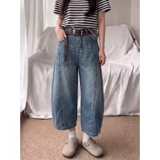 批发2026休闲风蓝色阔腿七分牛仔裤女夏季高腰宽松百搭薄款裤子长裤