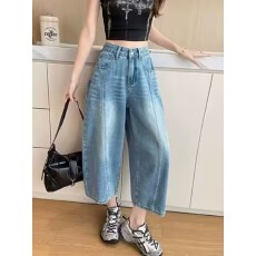 批发复古水洗立体分割弯刀七分裤女夏高腰垂感藏胯显瘦宽松休闲牛仔中