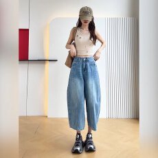 批发复古蓝阔腿牛仔裤女<b class='q'>春</b>季2026年新款宽松想装设计感七分直筒裤子