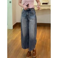 批发小个子美式复古高街水洗牛仔裤女宽松秋季新款阔腿直筒休闲裤子