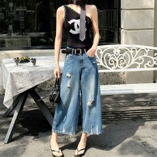 批发欧货破洞阔腿七分牛仔裤女夏季新款高腰宽松显瘦小个子美式直筒裤