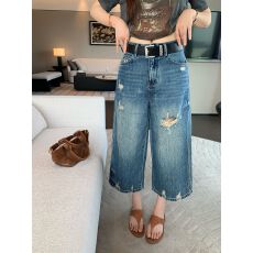 批发港风休闲破洞高腰阔腿牛仔裤女宽松无弹八分裤时尚百搭阔腿裤潮