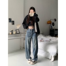 批发美式蓝色阔腿牛仔裤女2026<b class='q'>春</b>秋高腰显瘦百搭宽松小个子垂感直筒裤