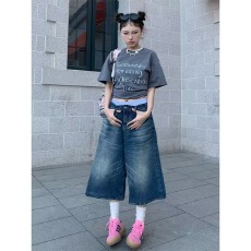批发美式复古黑色牛仔七分裤女夏季直筒宽松工装中裤五分裤短裤