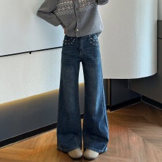 批发复古蓝烫钻高腰阔腿裤牛仔裤宽松弹力显瘦直筒裤拖地裤子