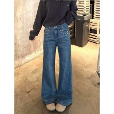 批发复古蓝烫钻高腰阔腿裤牛仔裤女士潮流宽松弹力显瘦直筒裤拖地裤子