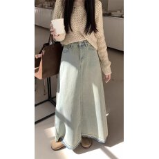 批发复古毛边牛仔<b class='q'>半身裙</b>女冬季小个子高腰显瘦百搭中长款a字大摆长裙