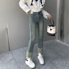 批发高腰复古灰黑色卷边直筒牛仔裤<b class='q'>春</b>秋显瘦新款小个子烟管九分