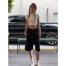 批发新款大码女高腰直筒阔腿五分牛仔中裤简约百搭流行潮流
