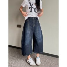 批发美式复古刺绣弯刀牛仔短裤男女夏季高街设计感宽松显瘦阔腿七分裤