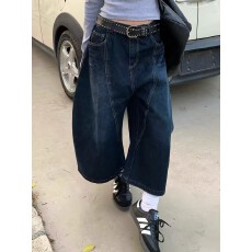批发美式高街刺绣弯刀牛仔短裤女夏季高腰显瘦设计感宽松阔腿七分裤子