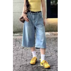 批发美式复古七分裤牛仔裤女夏季辣妹低腰宽松浅色水洗阔腿中裤短裤潮