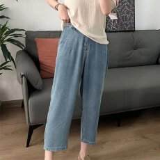 批发牛仔裤子女夏季大码胖mm冰丝薄款垂感七八分裤显瘦哈伦阔腿裤