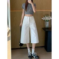 批发韩系白色高腰牛仔阔腿裤女2026年<b class='q'>夏</b>季薄款宽松显瘦七分裤直筒中裤