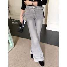 批发浅灰色复古牛仔微喇裤女秋季美式辣妹水洗高腰显瘦裤子