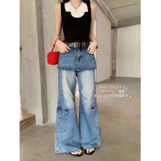 批发2026<b class='q'>夏</b>季新款复古工装假两件牛仔裙裤女高腰显瘦阔腿微喇牛仔裤