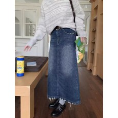 批发复古毛边牛仔半身裙女春<b class='q'>秋</b>新款宽松休闲百搭长裙