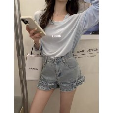 批发设计感休闲花边甜辣小个子牛仔短裤女2026夏季<b class='q'>高腰</b>百搭显瘦热短裤