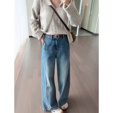 批发蓝色复古直筒牛仔裤女<b class='q'>秋</b>季新款大码胖mm高腰宽松显瘦窄版阔腿裤子