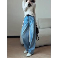 批发牛仔裤女2026新款浅蓝色梨型身材小个子阔腿弯刀裤