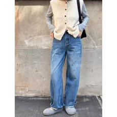 批发春<b class='q'>秋</b>日系百搭后口袋工装弯刀牛仔裤宽松直筒阔腿香蕉镰刀裤