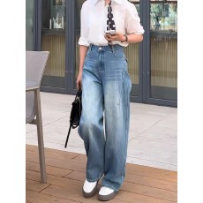 批发深蓝色窄版弯刀牛仔裤女2026春季新款高腰宽松显瘦通勤百搭阔腿裤