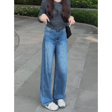 批发复古蓝阔腿牛仔<b class='q'>裤</b>女2026秋冬新款高腰直筒宽松垂感显瘦窄版拖地<b class='q'>裤</b>