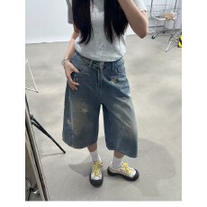 批发大码女<b class='q'>装</b><b class='q'>夏季</b>新款美式复古牛仔<b class='q'>裤</b>星星印花宽松阔腿胖mm七分短<b class='q'>裤</b>