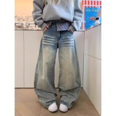 批发美式低腰阔腿牛仔裤女加绒加厚宽松显瘦设计感百搭拖地弯刀长裤子