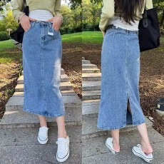 批发高腰开叉牛仔半身裙女2026年新款春<b class='q'>夏</b>中长款遮胯a字小个子包臀裙
