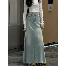 批发韩系浅色牛仔半身裙女春夏季新款<b class='q'>大码</b>胖mm高腰显瘦高级感中长款裙