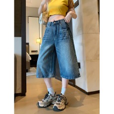 批发复古阔腿七分牛仔裤女夏季高腰大码胖mm宽松显瘦梨型身材直筒裤子