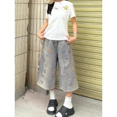批发柯基边牧小狗刺绣<b class='q'>牛仔</b>五分<b class='q'>短裤</b><b class='q'>男</b>女夏季宽松阔腿设计感可爱七分裤
