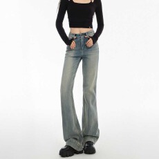 批发微喇牛仔裤女<b class='q'>春</b>秋冬新款复古美式高腰修身显瘦提臀设计感拖地长裤