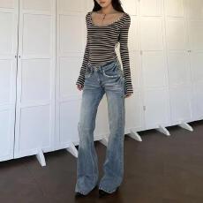 批发美式复古水洗浅蓝色豹纹微喇牛仔裤女2026夏季新款修身弹力喇叭裤